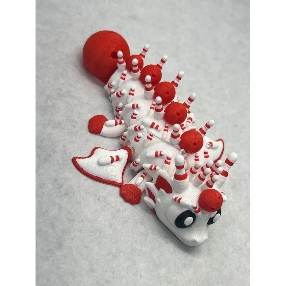3D Printed Articulated Peppermint Dragon Fidget Toy Red Bowling 5.5in